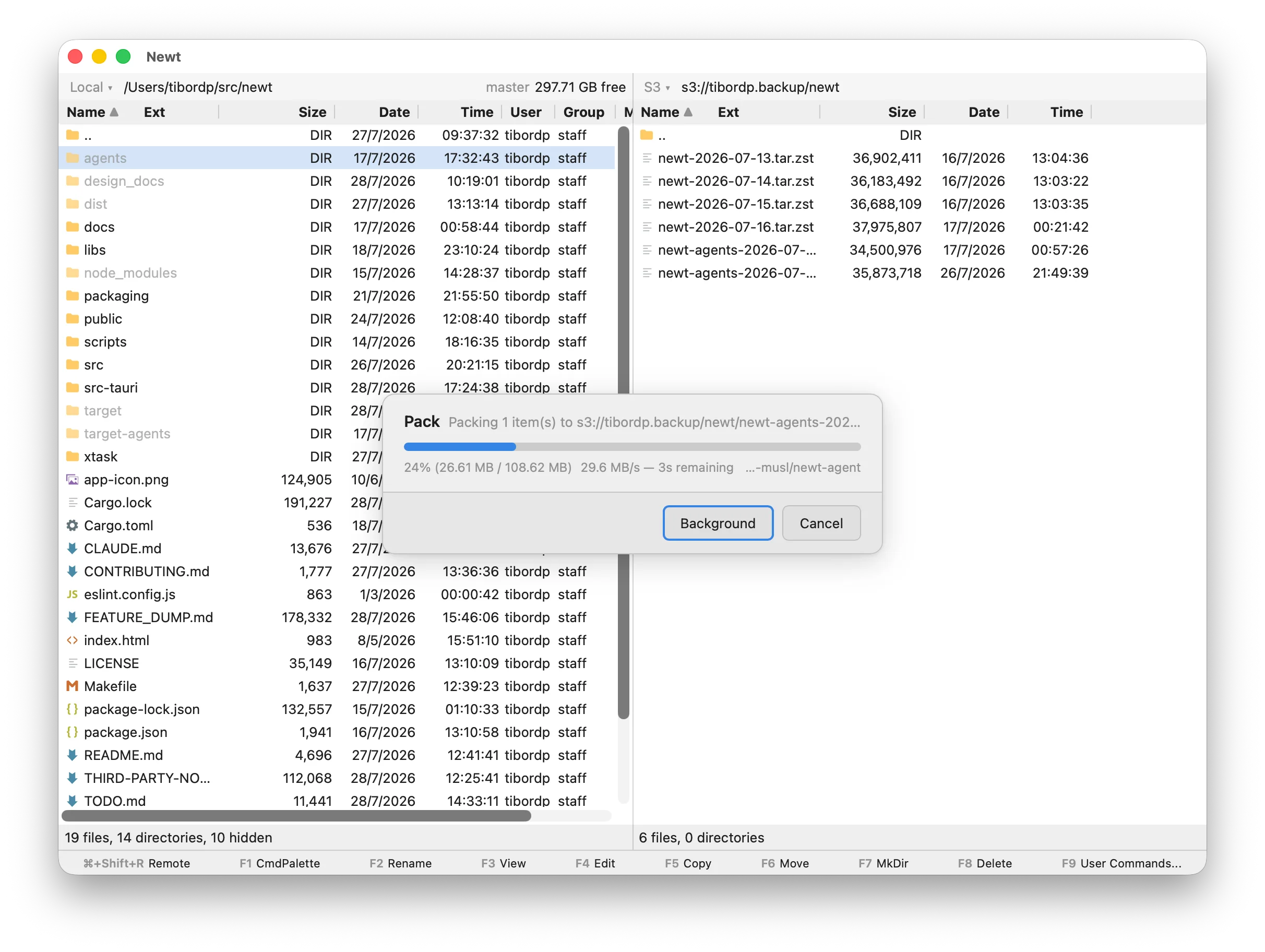 Newt copying a local project into a compressed archive on S3
