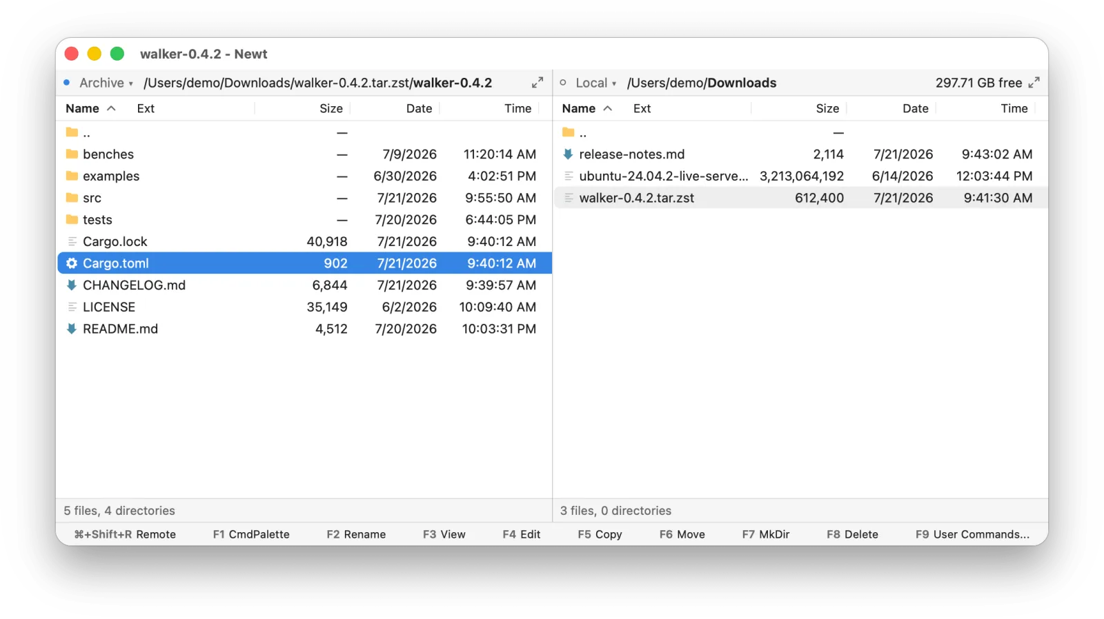 The contents of a .tar.zst archive browsed in the left pane, next to the directory that contains it