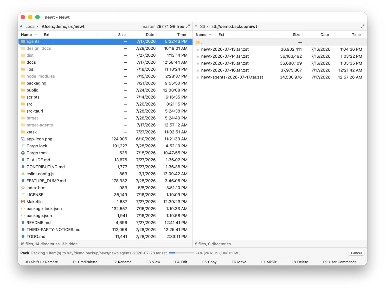 A pack to S3 running in the background, shown as a row with its progress and a Cancel button above the command bar