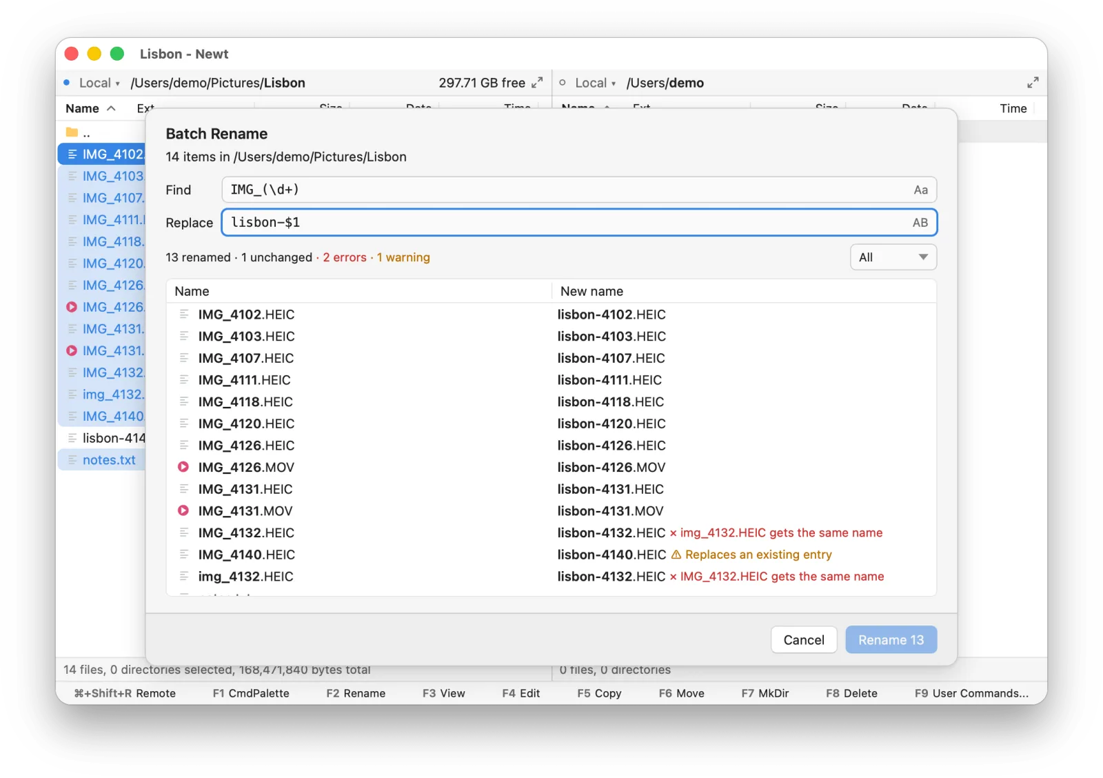 The Batch Rename dialog over a folder of photos, renaming IMG_4102.HEIC and its neighbours to lisbon-4102.HEIC and so on; the preview lists old and new names with the changed parts in bold, two rows are flagged as errors because they would get the same name, and one is warned as replacing an existing entry