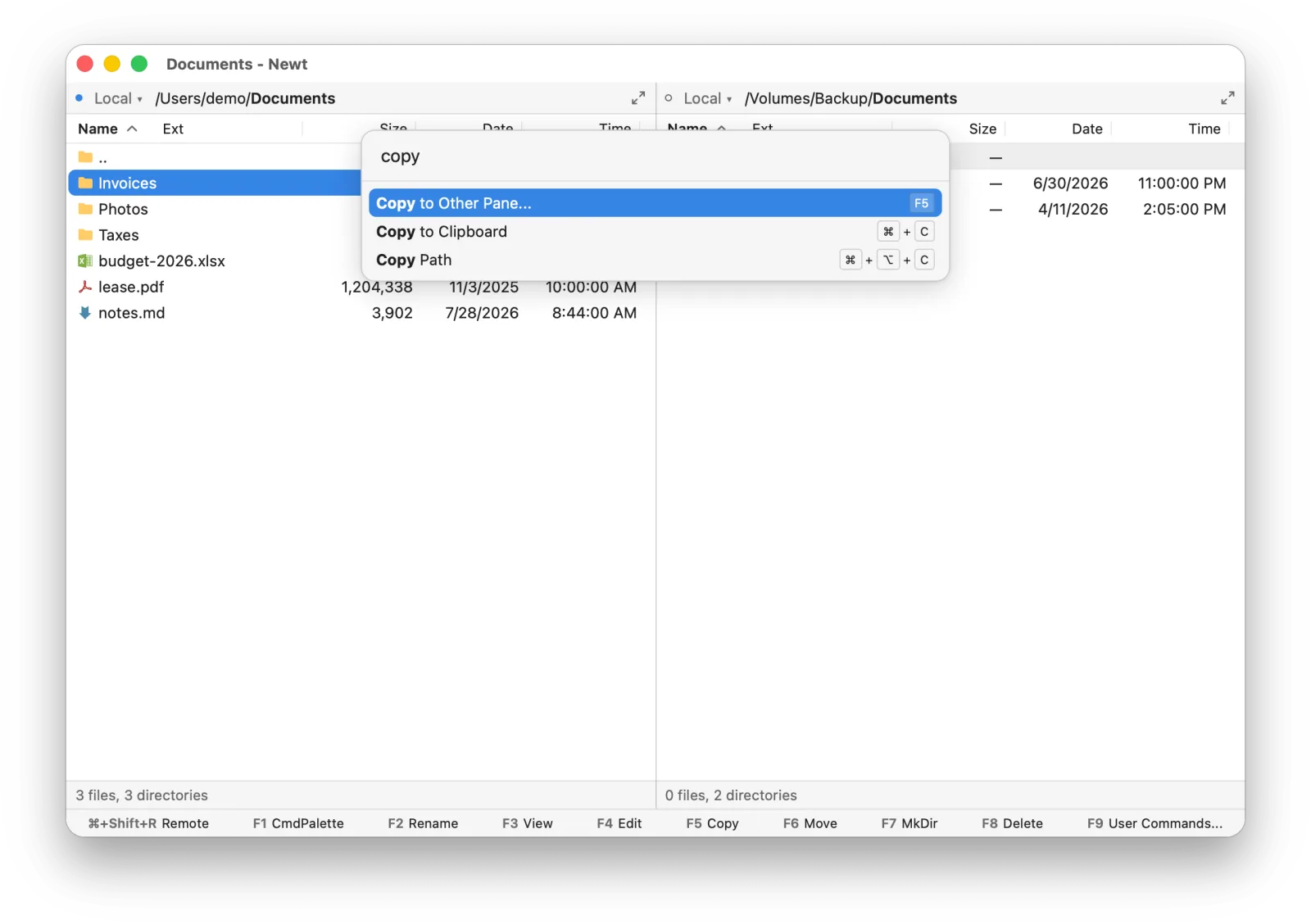 The Command Palette filtered to copy commands, with their shortcuts