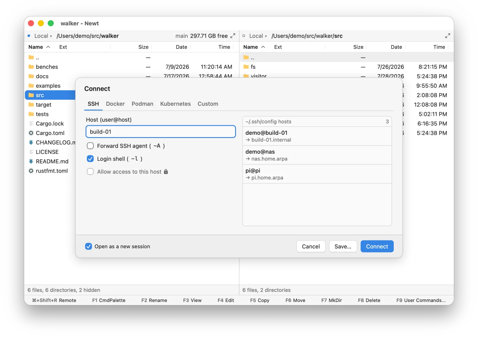 The Connect dialog on the SSH tab, with hosts from ~/.ssh/config, Open as a new session enabled, and Allow access to this host greyed out with a padlock because Settings has not allowed it
