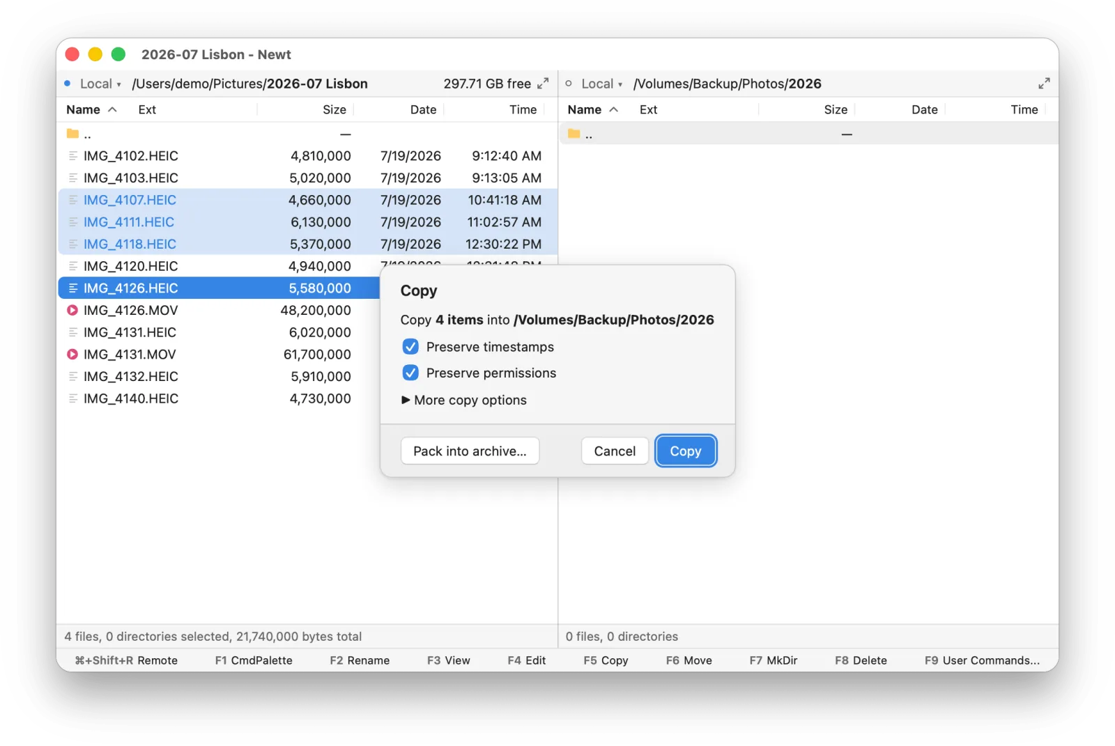 The Copy dialog for four selected photos, with the destination taken from the other pane