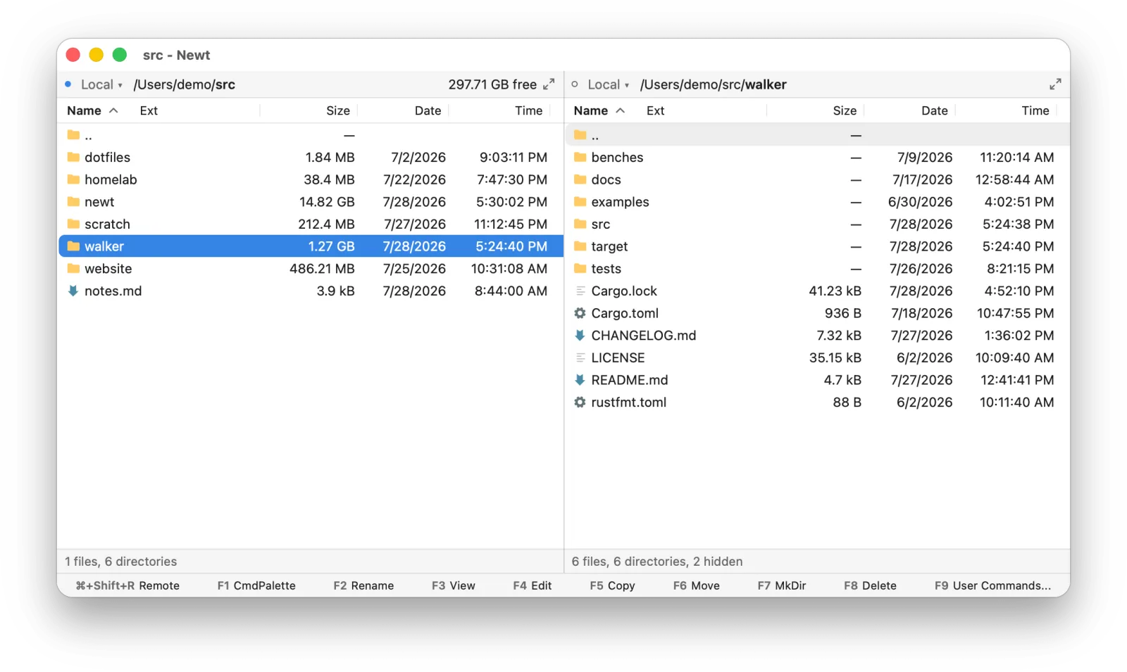 Calculated directory sizes in the Size column, shown with prefixed units