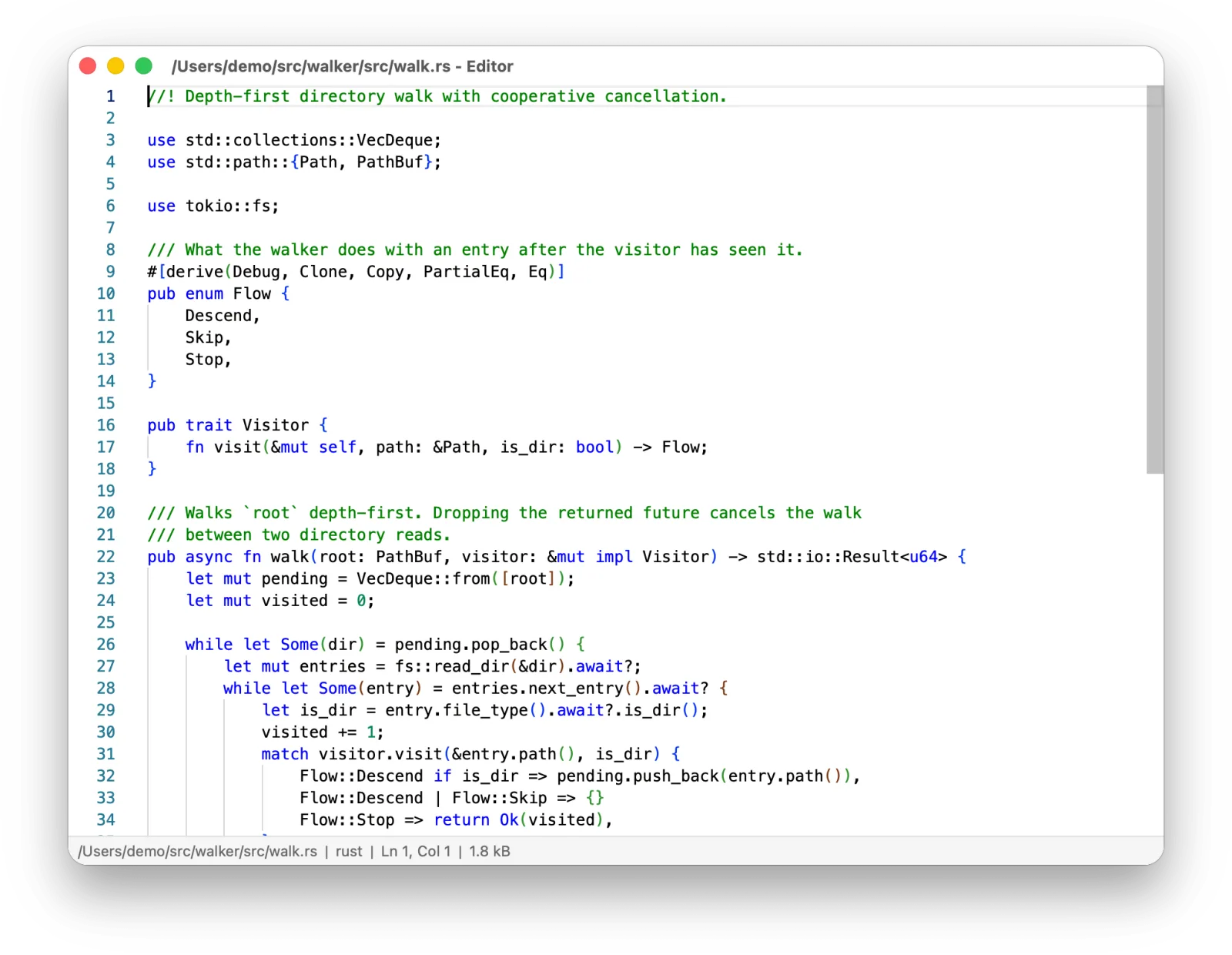 The editor window with syntax highlighting on a Rust source file