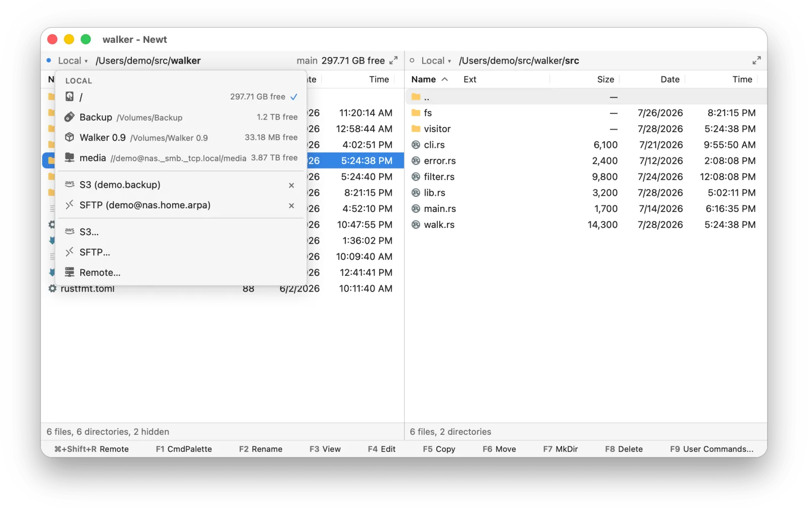 The filesystem selector under the Local heading: the root with its free space and a check mark, the Backup and Walker 0.9 volumes and a media network share, then mounted S3 and SFTP filesystems with × buttons, and S3…, SFTP… and Remote… entries at the bottom