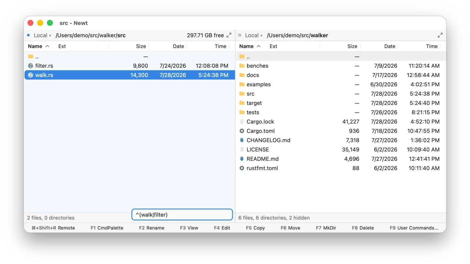 Filter mode narrowing a source directory to walk.rs and filter.rs, with the pattern in the filter box