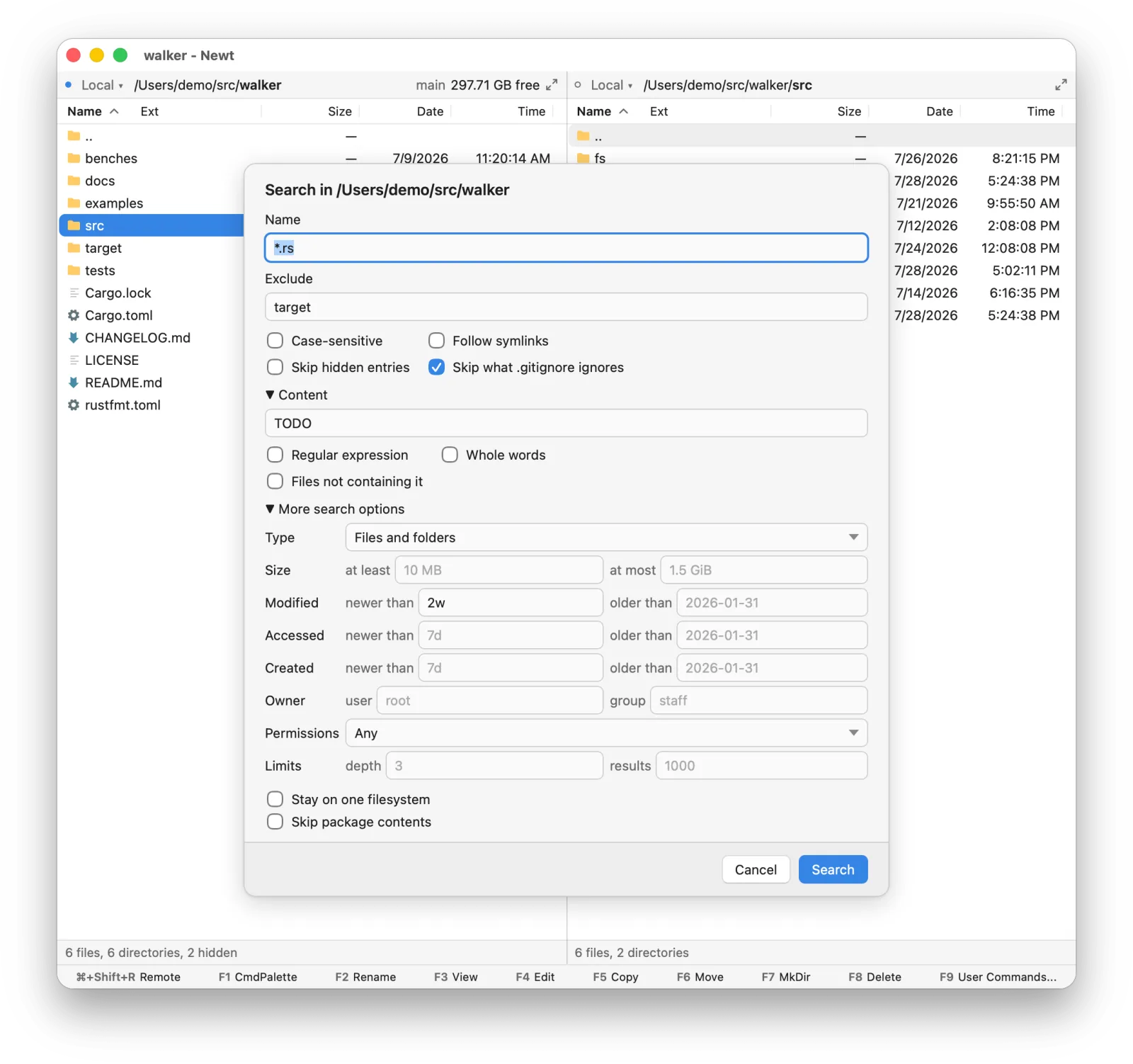The Find in Folder dialog searching Rust files for the text TODO