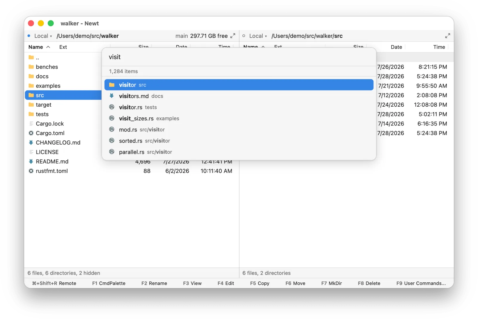 Go to File with the query “visit”, listing the visitor folder, visitors.md, visitor.rs and other matches with their folders and the matched letters in bold, and a count of 1,284 items searched