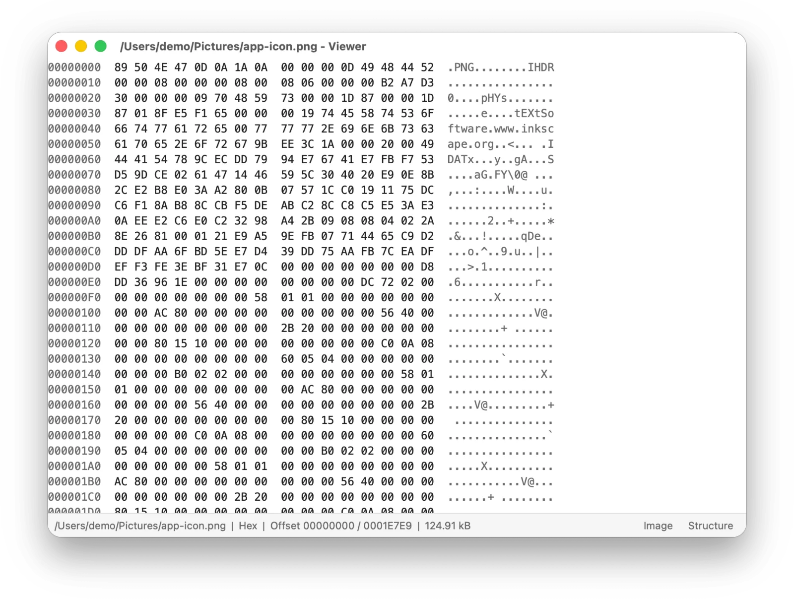 The viewer in hex mode, showing offsets, bytes and their text rendering