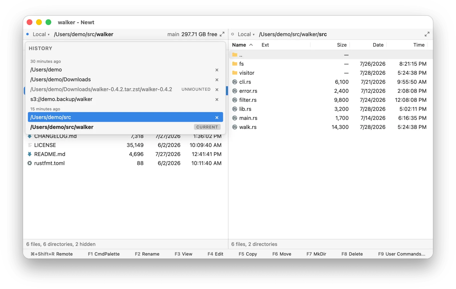 The history dialog listing local, archive and S3 locations, with an unmounted archive entry dimmed