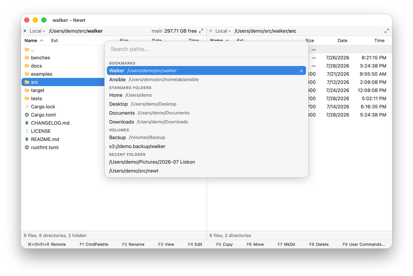 The Hot Paths palette with bookmarks, standard folders, volumes and recent folders