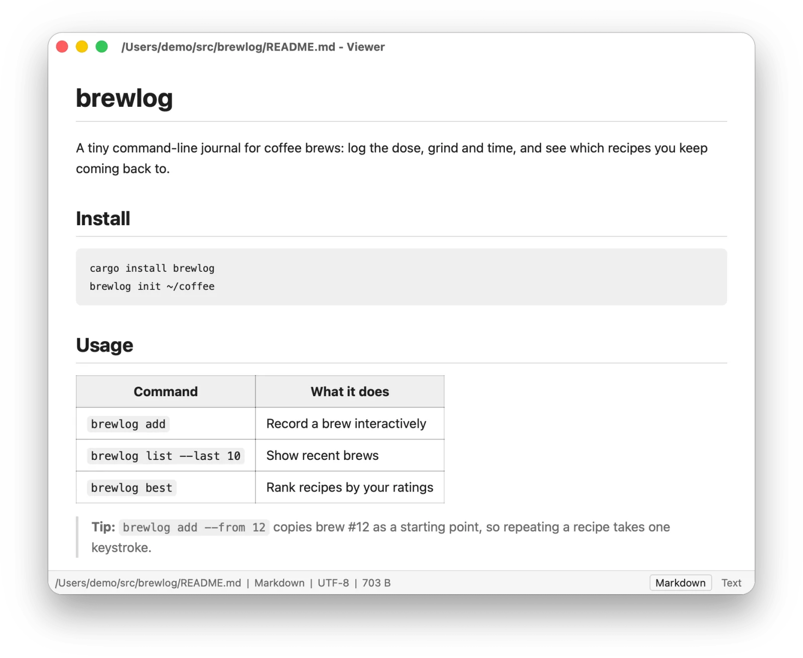 Markdown mode rendering a project README with headings, a code block, a table of commands, and a block quote