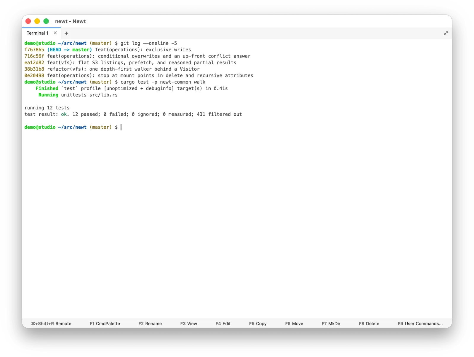 The terminal panel maximized to fill the window, showing a git log and a cargo test run, with a restore button at the right end of the tab bar
