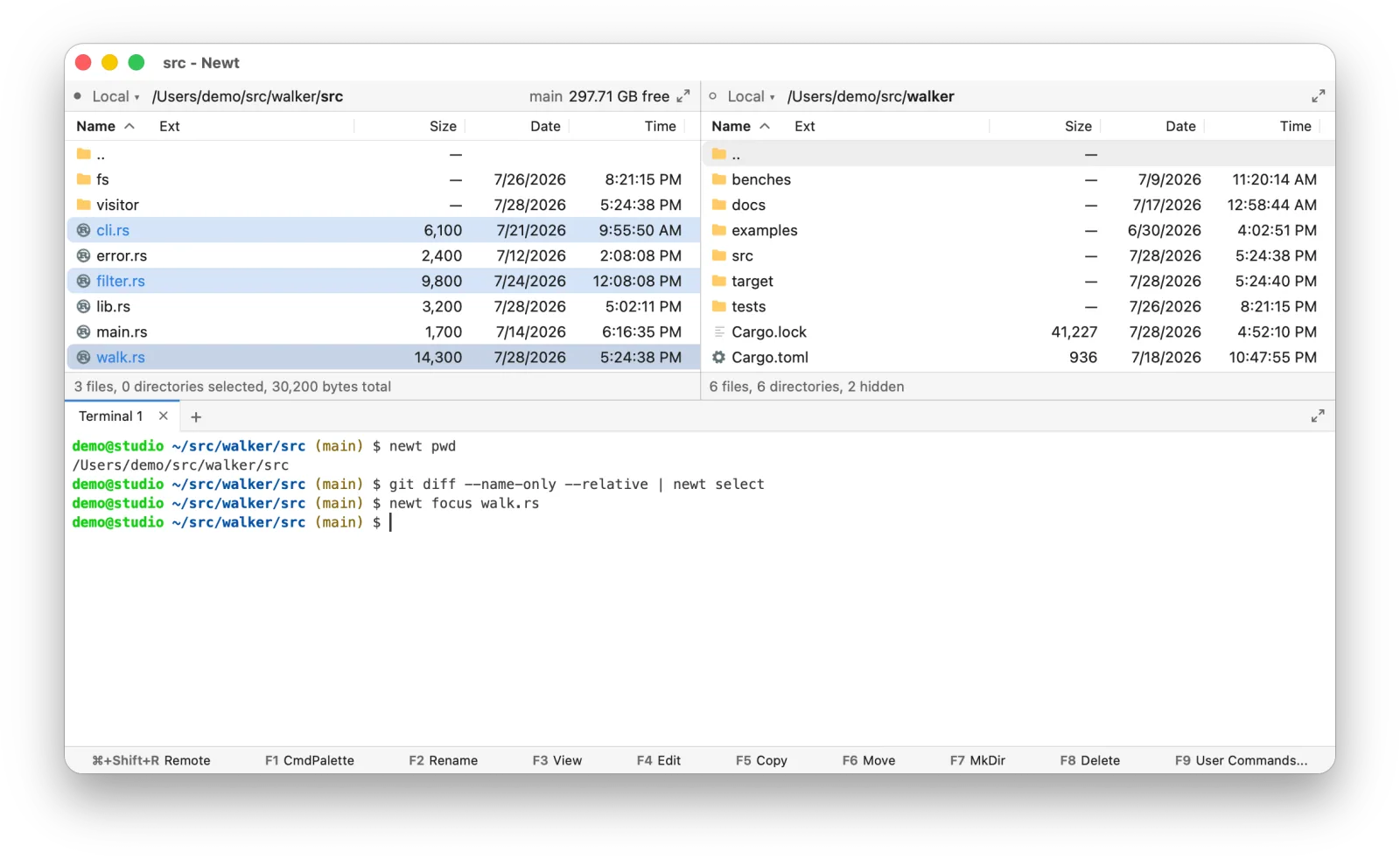 A terminal piping git’s changed files into newt select, with the matching files selected in the pane above