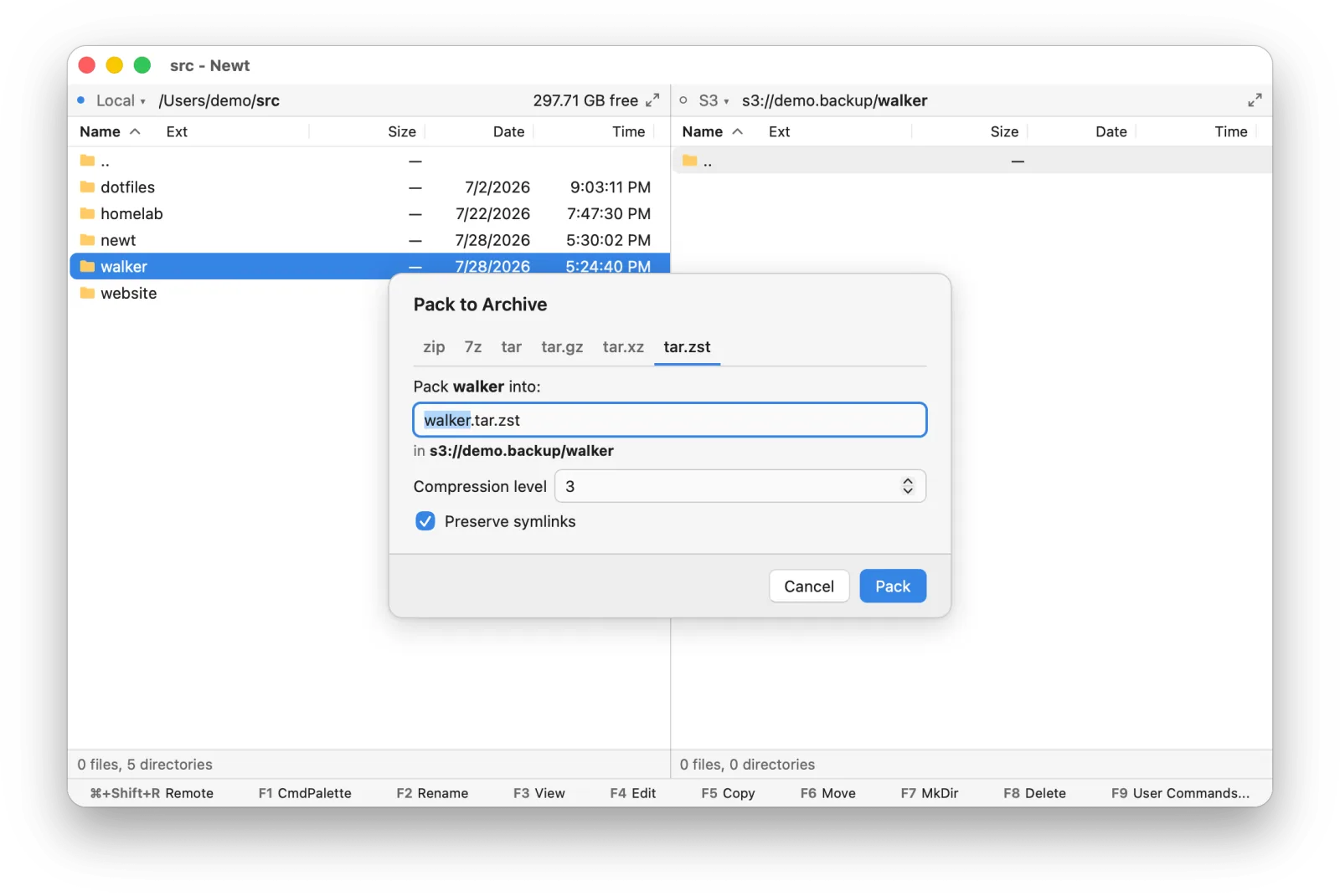 The Pack to Archive dialog creating walker.tar.zst in an S3 bucket, with the format tabs and compression level