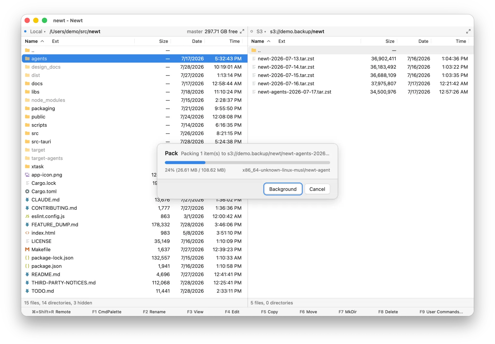 Newt packing a local project into a compressed archive on S3, with transfer progress in the foreground