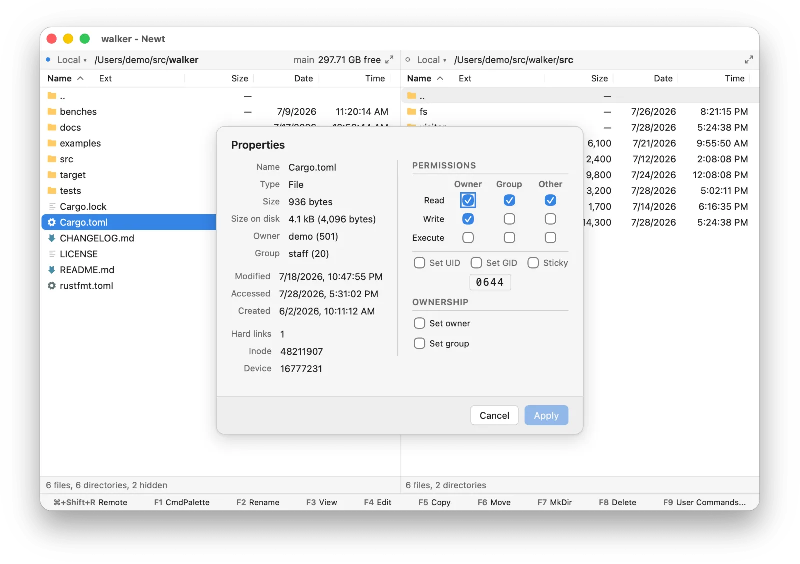 The Properties dialog for Cargo.toml, showing size, ownership, timestamps and Unix permission checkboxes