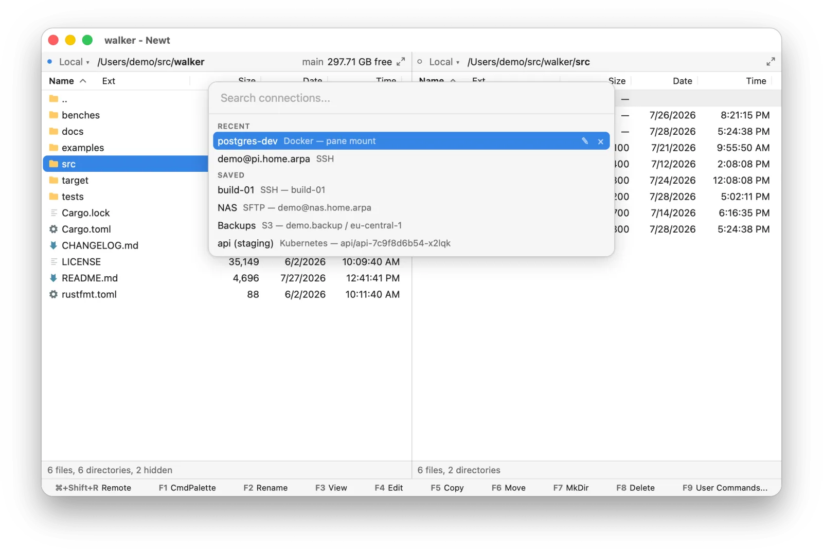 Quick Connect listing recent connections and saved SSH, SFTP, S3 and Kubernetes profiles