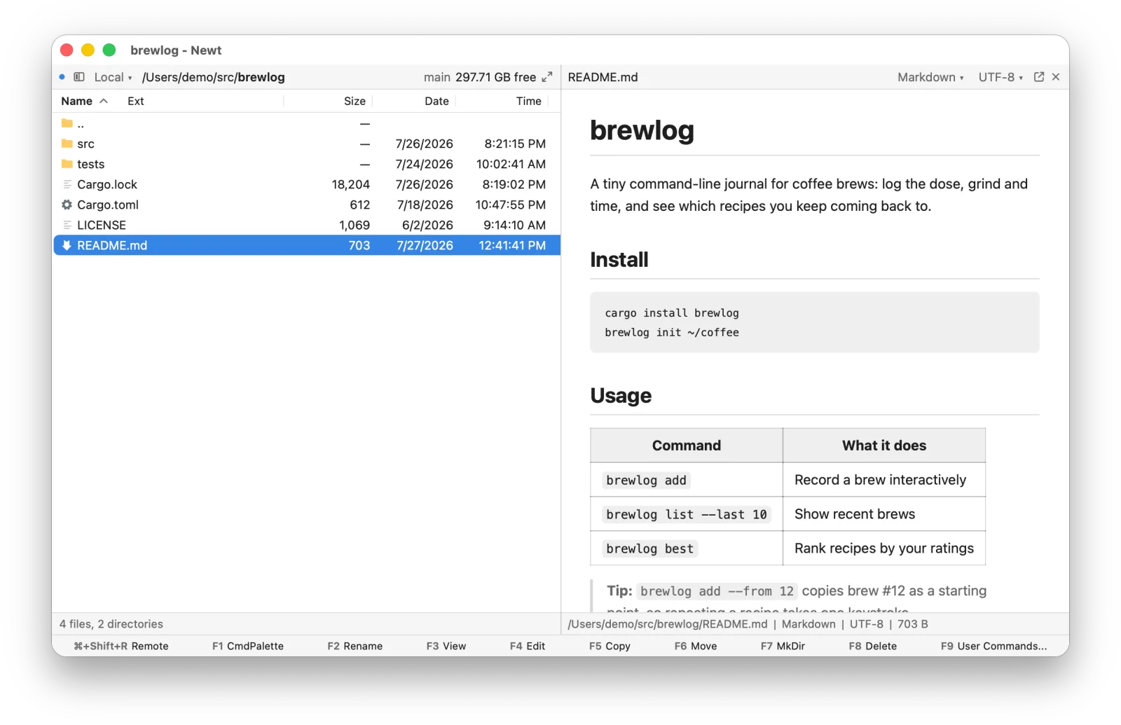 Quick View: the left half shows a project folder with README.md under the cursor, and the right half renders README.md as Markdown, with Markdown and UTF-8 menus and open and close buttons in its bar