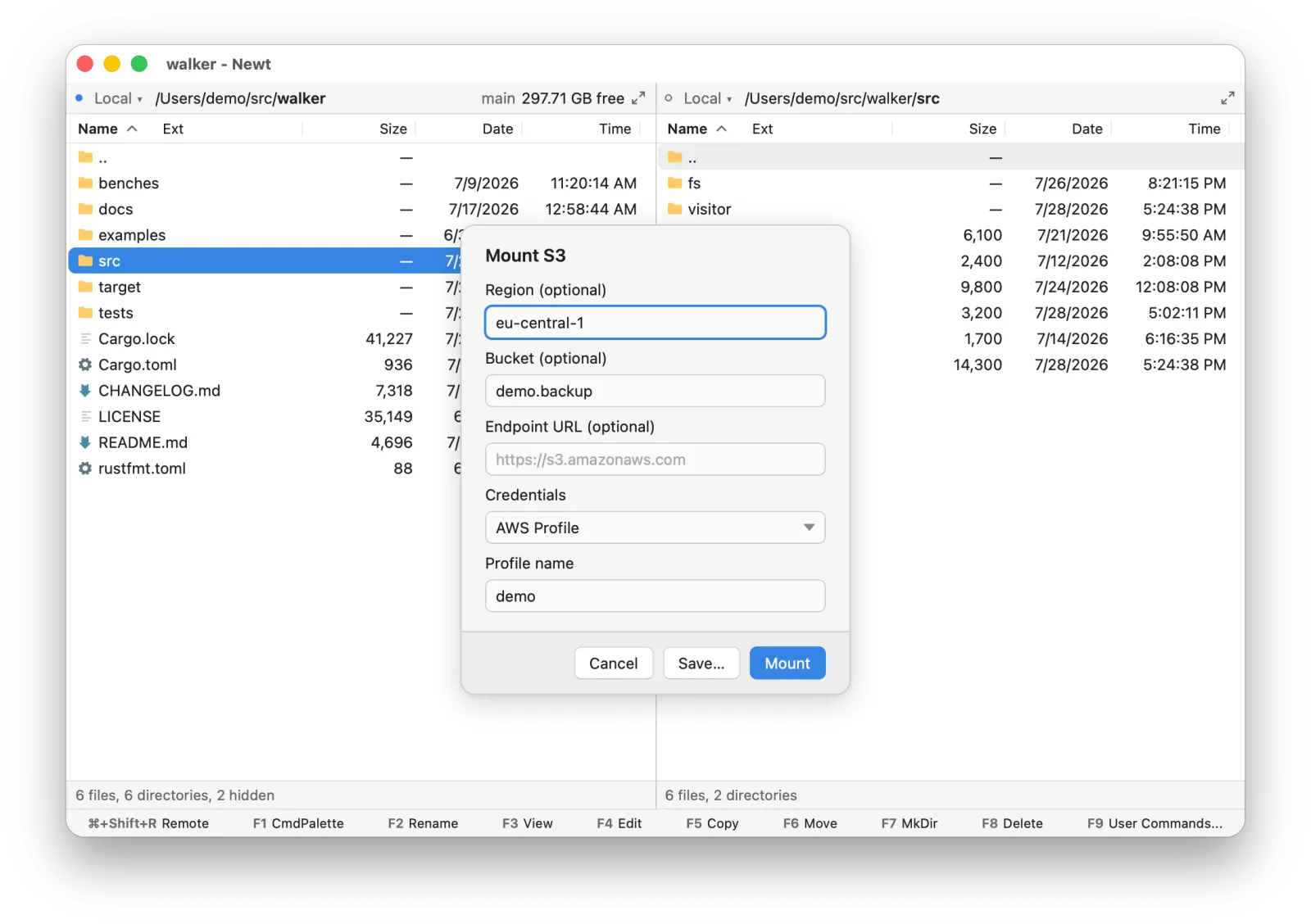 The Mount S3 dialog using a named AWS profile, with region and bucket filled in