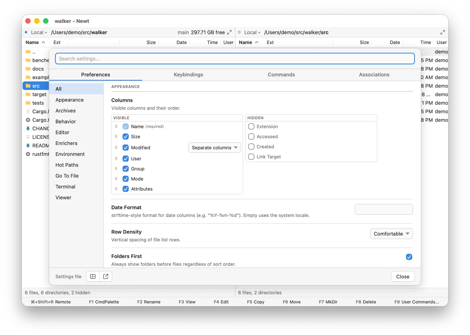 The Settings dialog on the Preferences tab, showing the column chooser