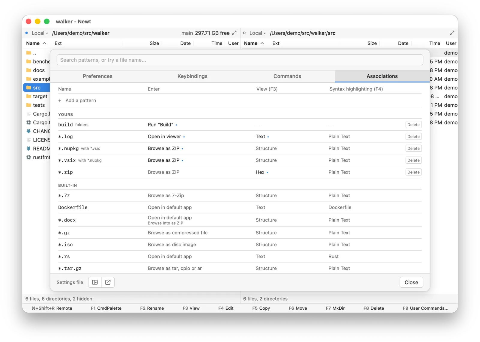 The Associations tab in Settings: a search box, an “Add a pattern” row, the user’s patterns such as build, *.log and *.nupkg with Enter, View (F3) and Syntax highlighting (F4) columns and a Delete button each, and built-in patterns such as *.7z, *.docx and *.tar.gz below