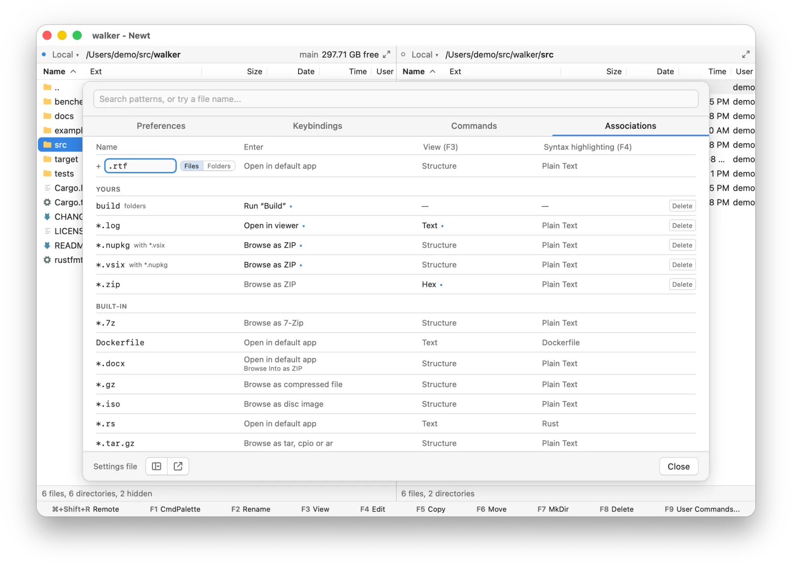 The Associations tab with .rtf typed into the add row and Files selected; the row’s cells show the inherited values Open in default app, Structure, and Plain Text