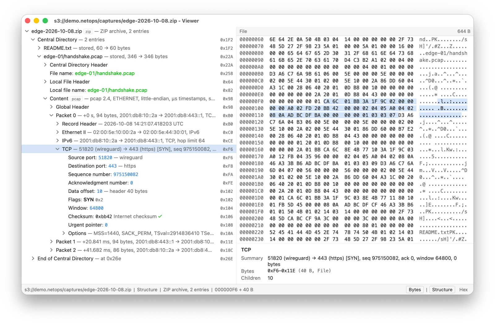 The Structure view of a ZIP archive on S3, with a packet capture inside it expanded down to a TCP header and that header's bytes highlighted in the hex pane