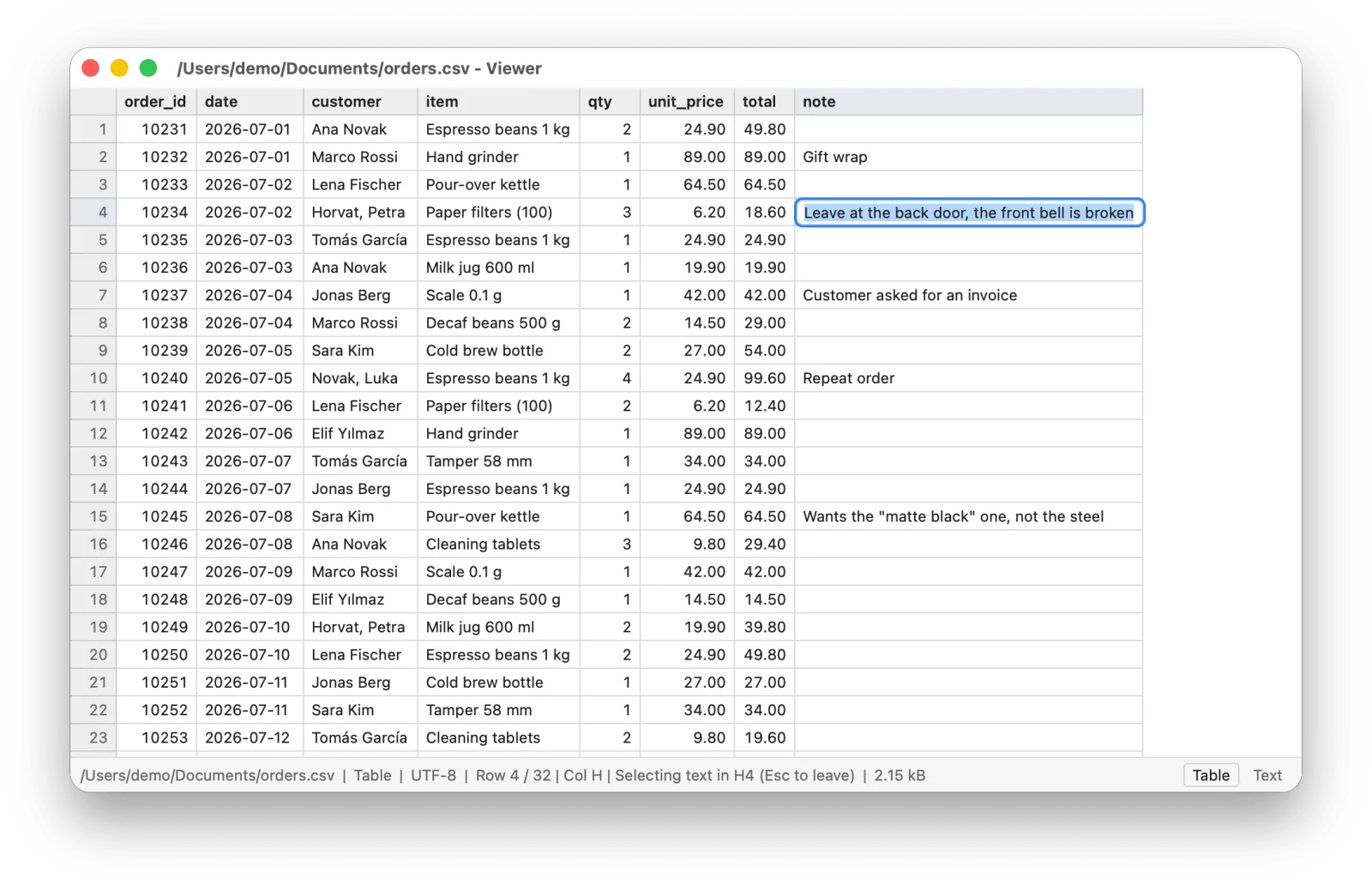 Table mode selecting text inside one cell of the note column; the cell’s text is highlighted and the status bar reads “Selecting text in H4 (Esc to leave)”