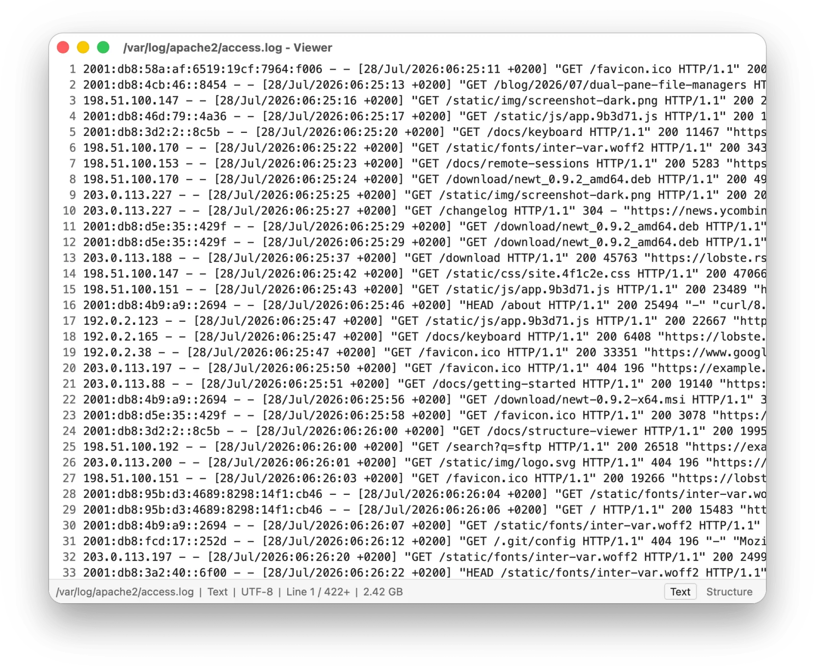 Text mode on a 2.42 GB web server access log, with line numbers beside the first lines and a status bar reading Text, UTF-8, Line 1 / 422+, while the rest of the file loads