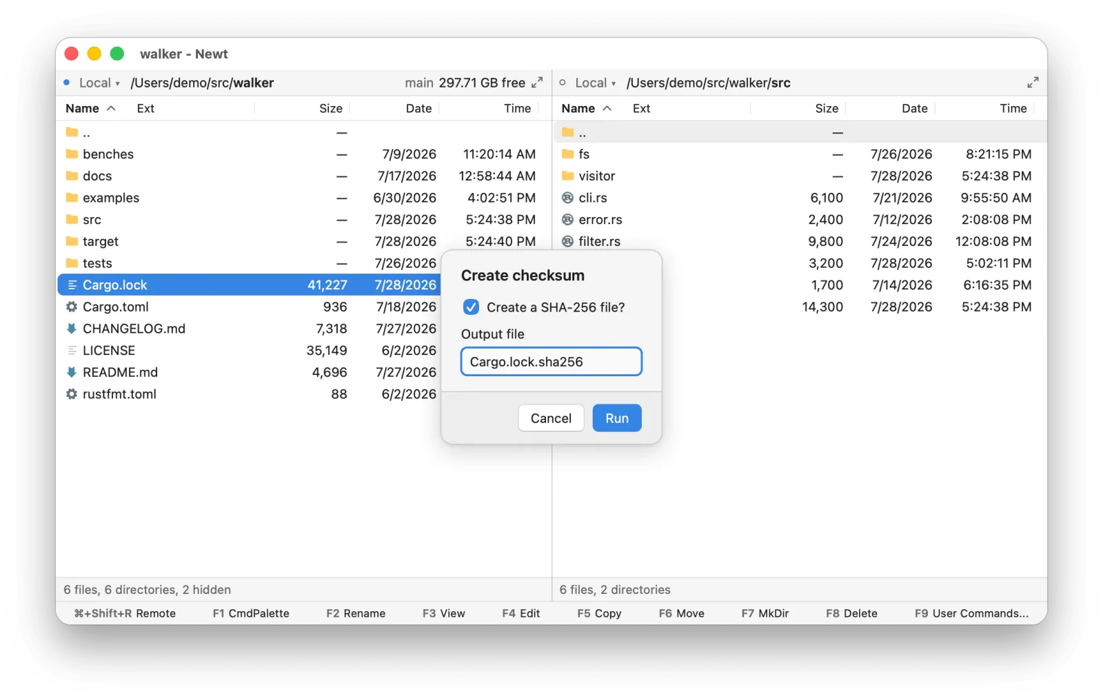 The input dialog for a Create checksum command, with a confirmation and an output file field